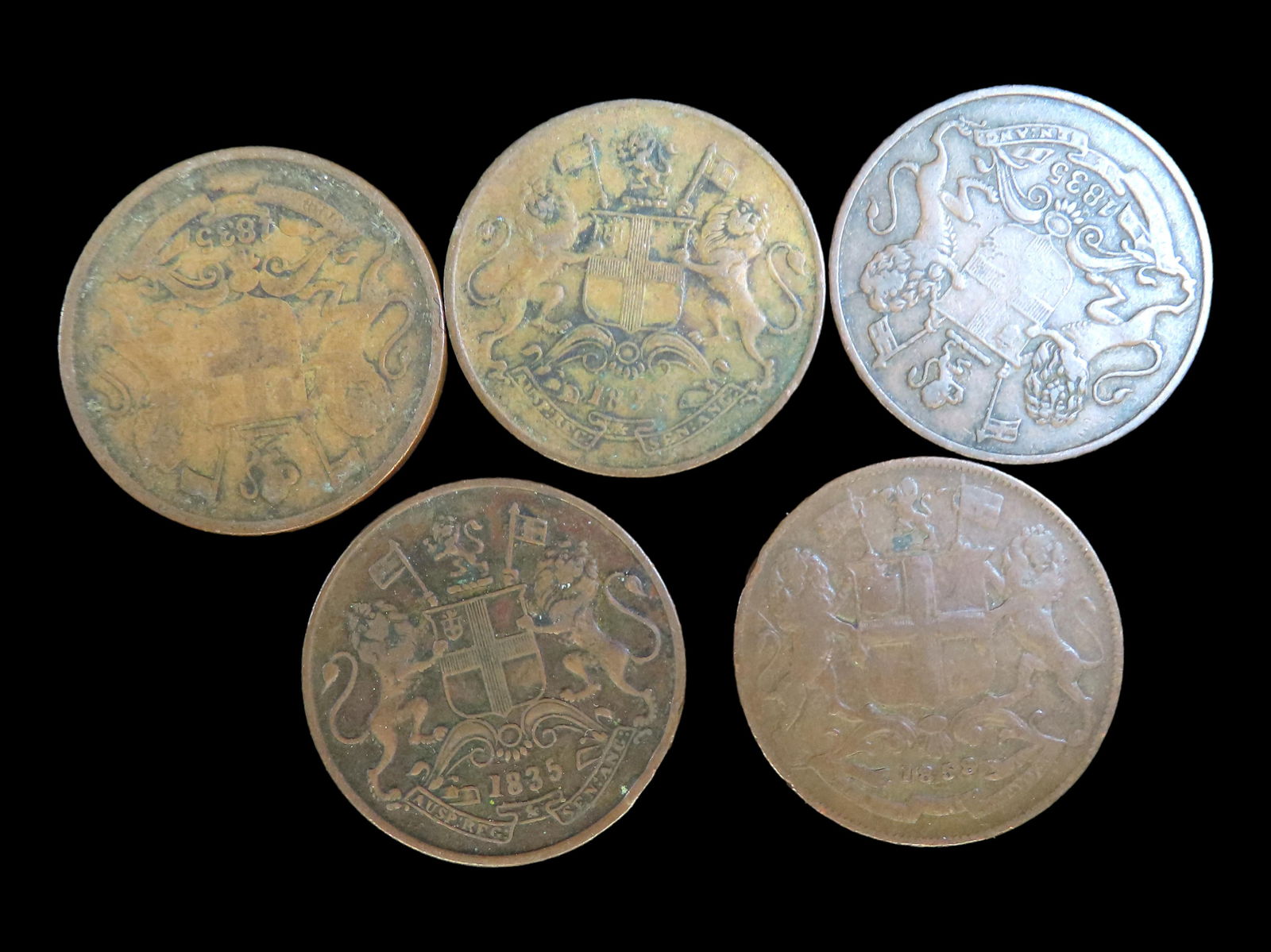 Lot of 5 Coins, India-British 1/4 anna 1857, India-British 1/4 anna 1835, India_British 1/4 anna (1 of 2)