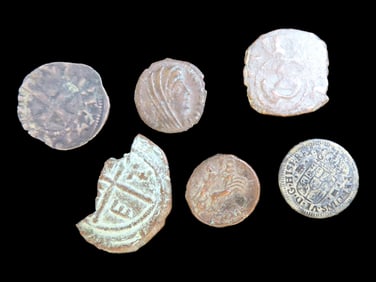 Lot of 6 Coins, Spain 8 escudos 1666-1699, Catalonia 1 seiseno 1640-1642, Spain 2 maravedis,