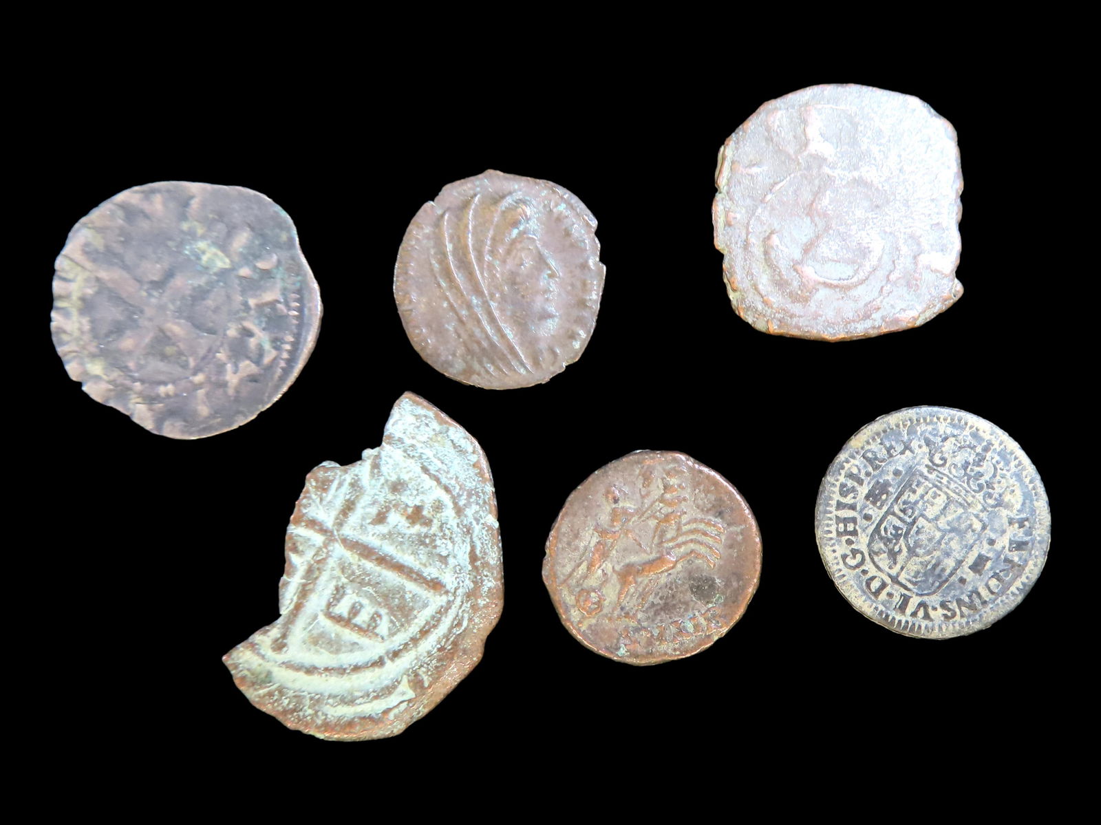 Lot of 6 Coins, Spain 8 escudos 1666-1699, Catalonia 1 seiseno 1640-1642, Spain 2 maravedis, (1 of 2)