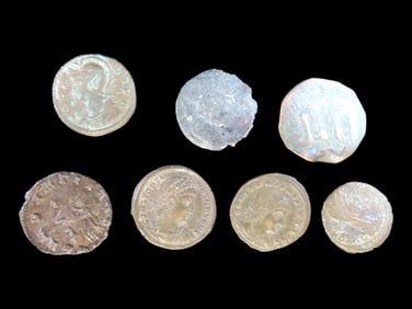 Lot of 7 Coins, United Kingdom 1 farthing 1741-1754, Crimea 1 akce 1534, Courland and Semigallia 1