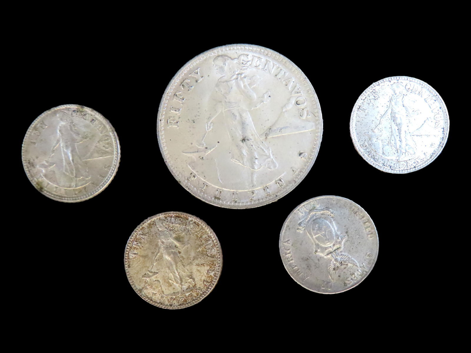 Lot of 5 Coins, Philippines 50 centavos 1944-1945, Philippines 10 centavos 1937-1945, Philippines 10 (1 of 2)