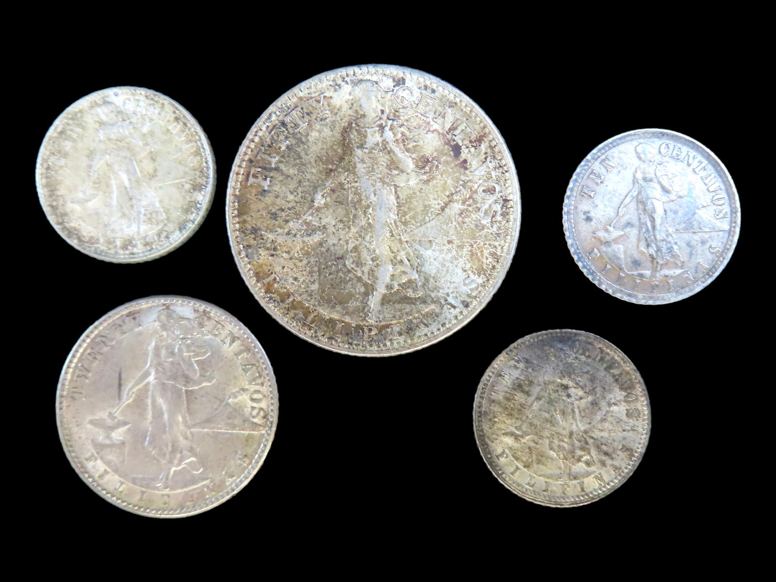 Lot of 5 Coins, Philippines 50 centavos 1944-1945, Philippines 20 centavos 1937-1945, Philippines 10 (1 of 2)