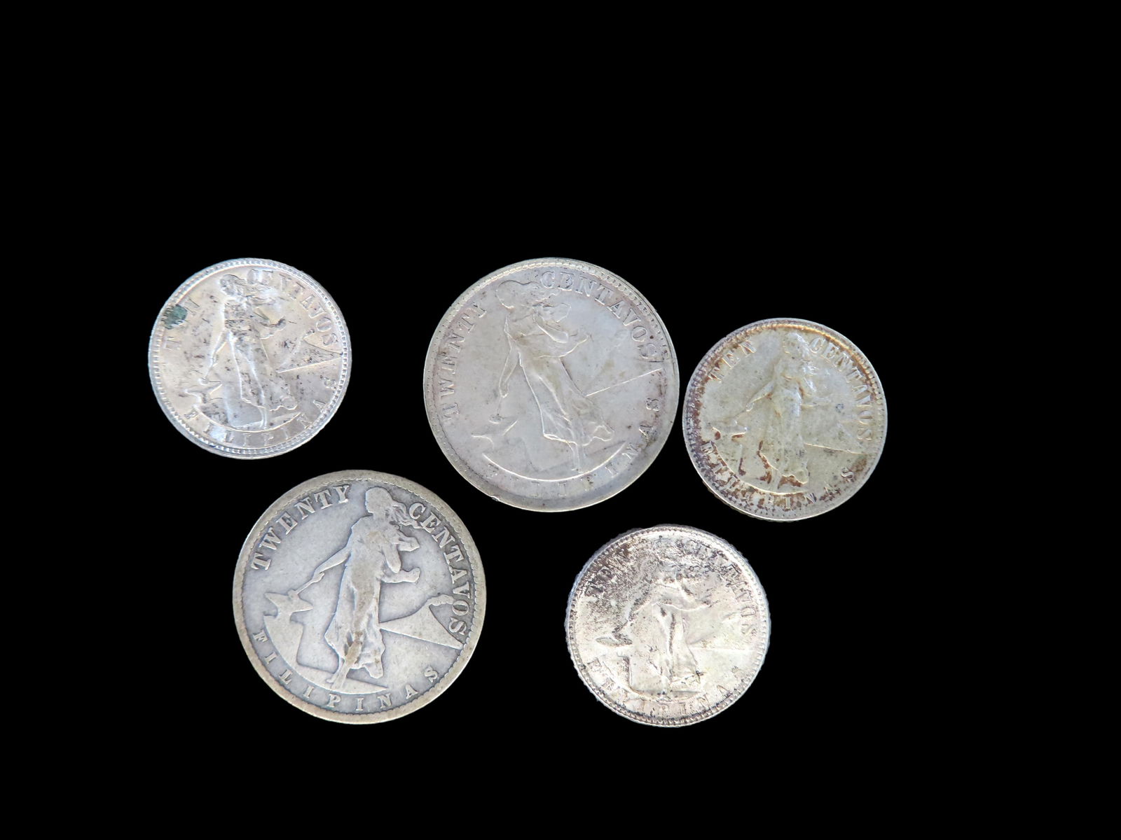 Lot of 5 Coins, Philippines 10 centavos 1937-1945, Philippines 10 centavos 1937-1945, Philippines 10 (1 of 2)