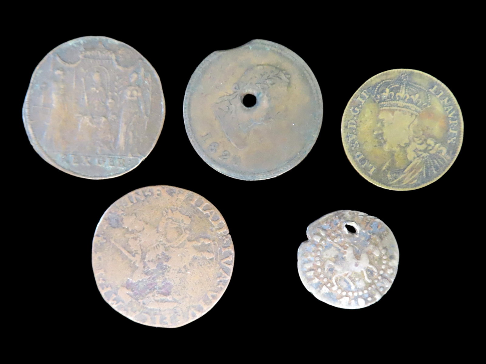 Lot of 5 Coins, Bohemia 1 groschen 1576-1610, Canadian provinces 1/2 penny, Bust and sitting: Lot of 5 Coins, Bohemia 1 groschen 1576-1610, Canadian provinces 1/2 penny, Bust and sitting Justice/date on the obverse/1820, Saxe-Hildburghausen 1 kreuzer 1760, Spanish Netherlands 1 patagon 1622-16