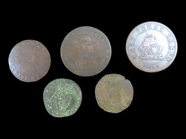 Lot of 5 Coins, Canadian provinces 1/2 penny, Richard Hurd 1814, United Kingdom 1/3 farthing 1844,