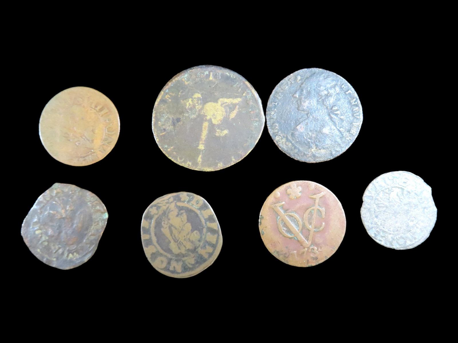 Lot of 7 Coins, Poland 1 solid 1660-1668, Mexico 1/8 real 1858-1862, Dutch Republic 1 gulden: Lot of 7 Coins, Poland 1 solid 1660-1668, Mexico 1/8 real 1858-1862, Dutch Republic 1 gulden 1703-1794, Netherlands East Indies 1 duit 1726-1804, Venice 12 bagattini 1675, Bohemia 1 kreuzer 1624-1627,