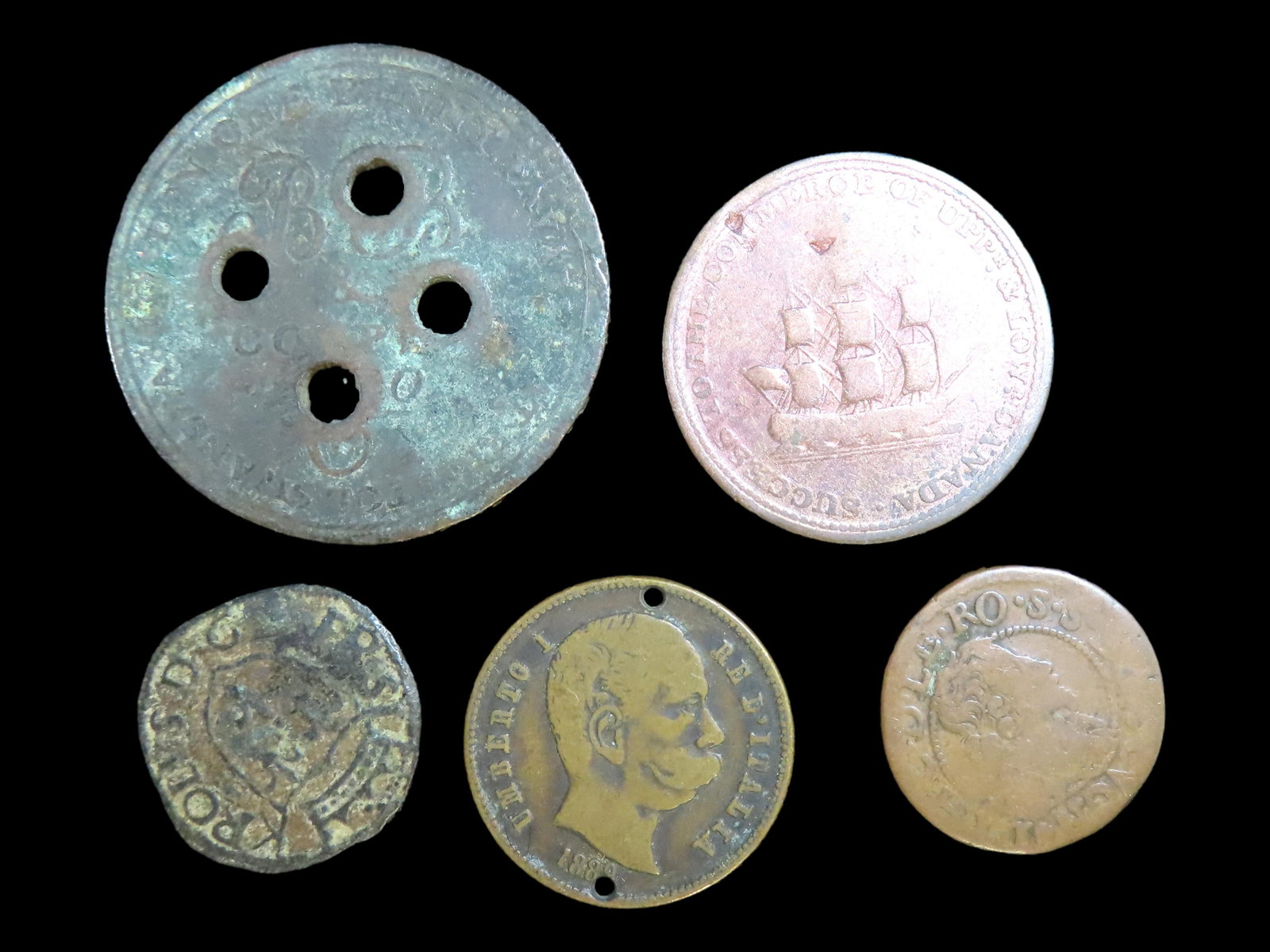 Lot of 5 Coins, United Kingdom 1 penny, Somerset-Bristol 1811, Italy 1 lira 1901-1907, Canadian: Lot of 5 Coins, United Kingdom 1 penny, Somerset-Bristol 1811, Italy 1 lira 1901-1907, Canadian provinces1 penny, Sir Isaac Brock 1812, France Double tournois 1627-1635, Venice 6 bagattini 1619.