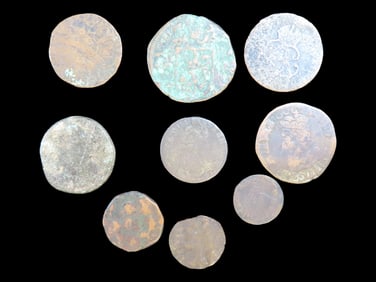 Lot of 9 Coins, Greece 10 lepta 1847-1857, Tuscany 1 quattrino 1771-1790, Venezuela 1/2 real
