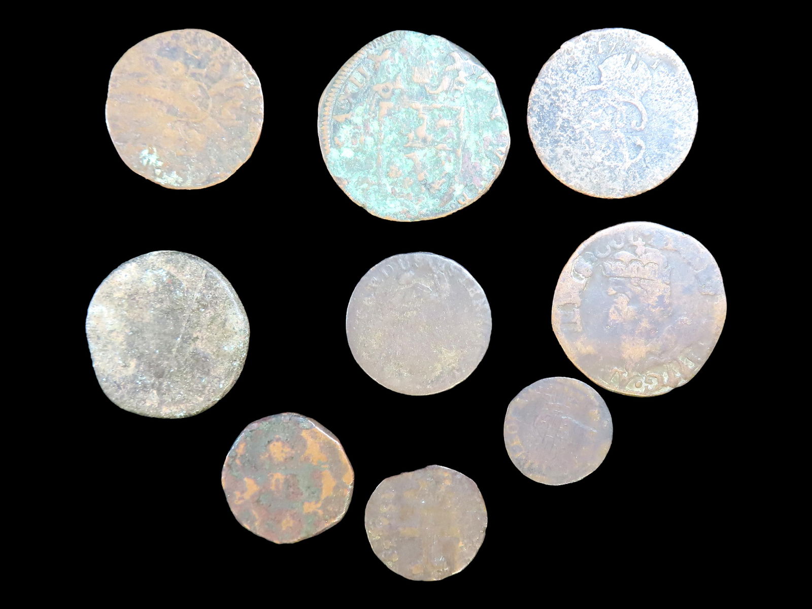 Lot of 9 Coins, Greece 10 lepta 1847-1857, Tuscany 1 quattrino 1771-1790, Venezuela 1/2 real (1 of 2)