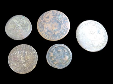 Lot of 5 Coins, Paderborn 6 pfennig 1706, Spain 2 maravedis, Irregular shape 1600-1619, Wurttemberg