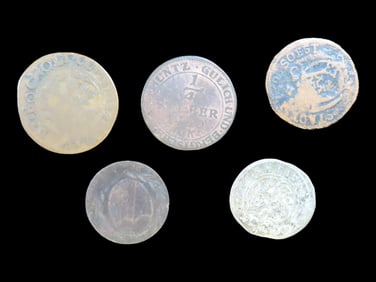 Lot of 5 Coins, Livonia 1 solidus 1587-1621, Augsburg 2 kreuzer 1623-1637, Julich-Berg 1/4 stuber