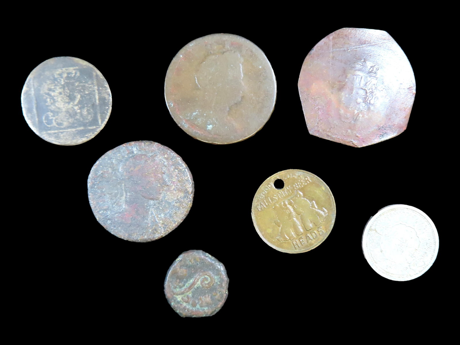 Lot of 7 Coins, russian Empire 1 polushka 1766-1796, Netherlands 50 gulden, 200th: Lot of 7 Coins, russian Empire 1 polushka 1766-1796, Netherlands 50 gulden, 200th Anniversary-Dutch-American Friendship 1982, United Kingdom 1 farthing 1730-1739, Japan 1 sen 1938-1940, Japan 1 ryo 16