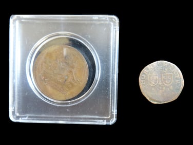 Lot of 2 Coins, Netherlands East Indies 1 duit 1771-1806, Canadian provinces 1/2 penny, Ships,