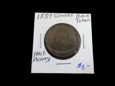 Lot of 1 Coin, Canasian provinces 1/2 penny, "Quebec Bank" on ribbon 1837.