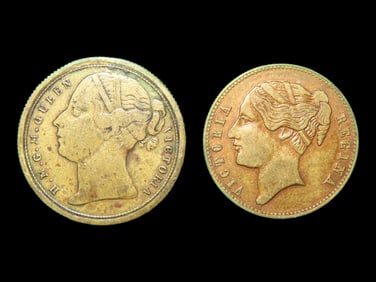 Lot of 2 Coins, United Kingdom 1 farthing 1838-1859, United Kingdom 1 penny, Bronze/brown