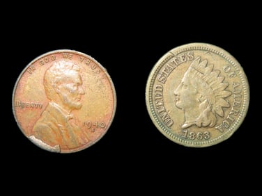 Lot of 2 Coins, USA 1 cent, Lincoln Wheat Penny 1909-1958, USA 1 cent, Indian Head Cent 1860-1909.