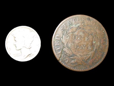 Lot of 2 Coins, USA 1 dime, Mercury Dime 1916-1945,(1919), USA 1 cent 1816-1839.