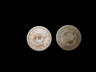 Lotof 2 Coins, USA 1 cent, Liberty Head Cent 1840-1857, (1855), Argentine provinces 2 reals