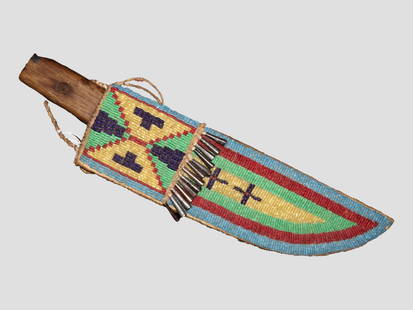 Incredible Sioux Indian Knife & Beaded Sheath, Northern Plains, Beautifull Decorated Sheath with: Incredible Sioux Indian Knife & Beaded Sheath, Northern Plains, Beautifull Decorated Sheath with colorful Beadwork in eye-Catching Geometric Motif, lined with a fringe of Tinkler / Jingle Cones as wel