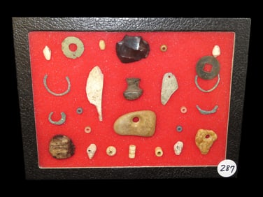 Nice Frame of 26 Artifacts, Oregon, Columbia River Area, Beads, Pendants, Scrapers, Bone, Shell,