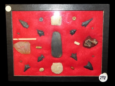 Nice Frame of 24 Gem Points & Artifacts, Oregon, Columbia River Area, Beads, Pendant, Scrapers,