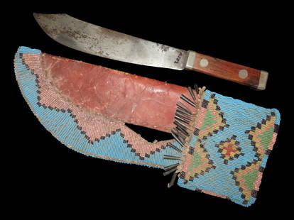 Phenomenal Crow Indian Knife & Beaded Sheath, Amazing Beadwork, Sheath is 14" long, Knife is 13": Phenomenal Crow Indian Knife & Beaded Sheath, Amazing Beadwork, Sheath is 14" long, Knife is 13" overall. Incredible example, Purchased in 2017 for $2250 by the previous Owner