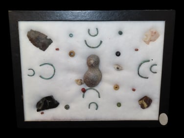 Nice Frame of 26 Artifacts, Oregon, Columbia River Area, Beads, Pendant, Scrapers, Bone, Shell,