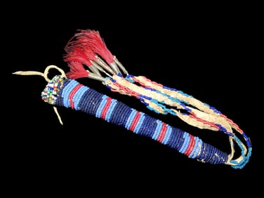 Outstanding 14" long Historic Plains Indian Beaded Awl Case. Nicely Decorated example with 3 fancy