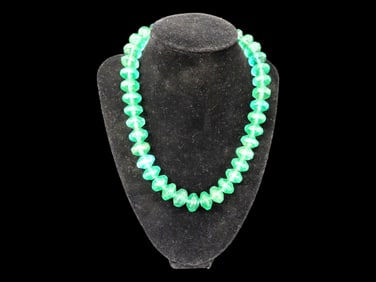 18" Strand of Old Emerald Green Vaseline Trade Beads, Uranium Glass, Beautiful Deep Rich Color