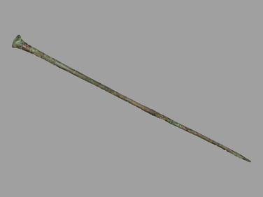 7 1/4" Engraved Copper Hairpin from Peru. Several Incised Grooves/Lines Decorate the top end. Nice