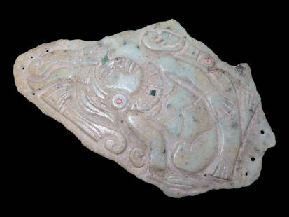 RARE Mayan Jade Pectoral, Guatemala Highlands, Motley COA, Elaborately Engraved Maya Lord Figure: RARE Mayan Jade Pectoral, Guatemala Highlands, Motley COA, Elaborately Engraved Maya Lord Figure Adorned with Ear Spools & Necklace and a Fancy Headdress. There is an Emerald Inlay in the center of th
