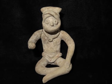 Nice Seated Colima Human Effigy Pottery Figure with a Whistle Head, 3 1/2" Tall. Elaborate Example
