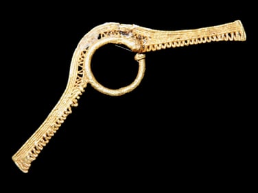 Outstanding Tairona Gold Nose Ring, High Karat Gold. .9 grams. 1 7/8" long x 1/2" w. Great piece of