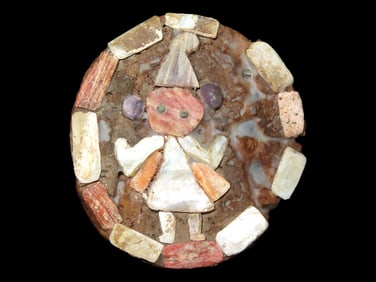Rare Human Effigy Ear Spool, Moche, Pre-Columbian, North Coast Peru. Elaborate Mosaic Design using