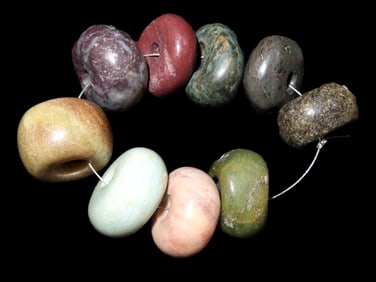 Nice Strand of 9 Large Colorful Maya Beads, Pre-Columbian, Mexico. Variety of Colors & Stones, One