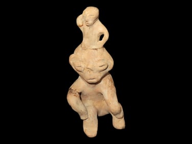 Interesting 6 1/4" Tall Double Human Effigy Figure, West Mexico, Seated Figure with a Smaller Figure