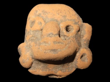 Nice Pre-Columbian Pottery Head Effigy Ornament found in South America, Very Detailed Example.