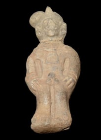 5 3/8" Aztec Human Effigy Pottery Male Figure, Very Nice Elaborate Example, Earspools, Fancy