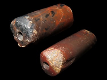 Large Tairona Tube Beads, Colombia, Pre-Columbian, 1 7/8" each. Colorful Jasper or Agate