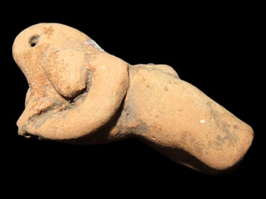 Nice Human Effigy Pendant. Pottery, Mexico. 1 7/8" Tall. Has a Large Elaborate Headdress or Costume