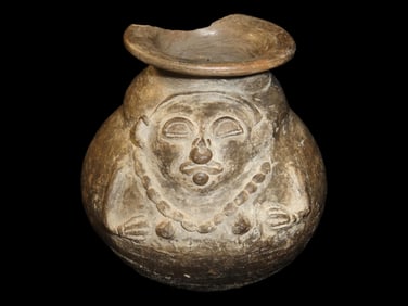 7" Tall Human Effigy Pottery Jar. Ecuador. Very Detailed Pre-Columbian Pot. Large Nose Ring, Lip