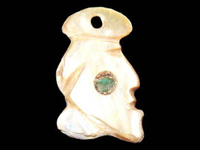 Rare Mayan Shell Human Effigy Pendant with Original Inlaid Jade or Emerald Eyes, South America.: Rare Mayan Shell Human Effigy Pendant with Original Inlaid Jade or Emerald Eyes, South America. Detailed Outline of Mayan Head with Nose/Mouth/Chin Evident, Eyes are inlaid High Grade Emerald Green St
