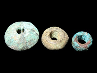 Lot of 3 Solid Copper Beads, Moche / Inca. # different shapes, one large "UFO" shaped, one Doughnut