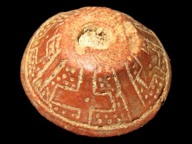 Heavily Engraved Clay Bead, Mexico. Elaborate Incised Design all the way around, Perforation in