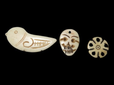 Lot of 3 Antique Effigy Engraved Bone Pendants, Hand Carved, Africa, Intricate Detailed Old Examples