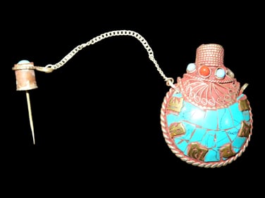 Antique Turquoise Inlaid Snuff Bottle. Beautiful Example, Top Pulls out with a tiny Spoon Attached.