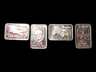 Lot of 4 Mini Solid Silver Bars, 1 Gram Each, Silver Bullion