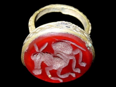 Nice Roman Viking Engraved Intaglio Seal Ring, Bronze with Stone Intaglio Inset.