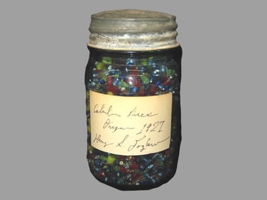 Old Mason Jar Full of 1000's of Colorful Trade Beads. Old Label Reads Columbia River, Oregon 1927,
