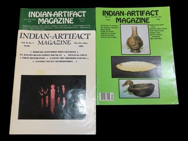 SET OF 3 INDIAN ARTIFACT MAGAZINES, IROQUOIS EFFIGIES, FT. WALTON MOUND, POTTERY, HEAD POT, AND MUCH